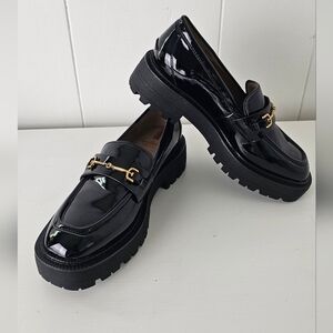 Sam Edelman Black Glossy Patent Lug Sole Loafers, Gold Hardware size 7.0